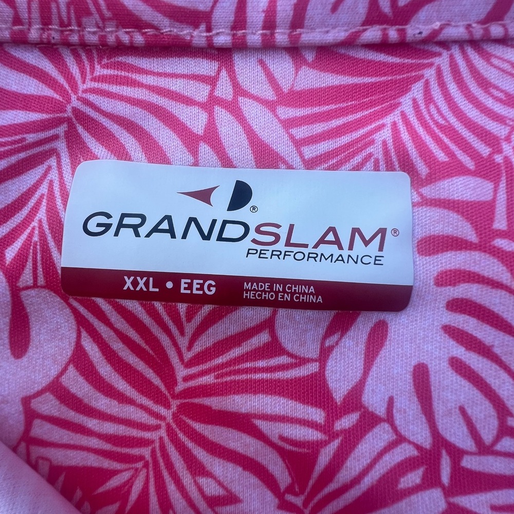 Grand Slam Performance Mens XXL Pink Tropical Monstera Leaf Print GolfPolo Shirt - Picture 3 of 6